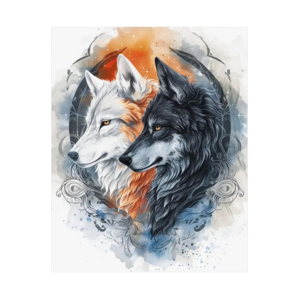 Two Wolves Yin and Yang Fire and Shadow - Matte Vertical Posters mockup angle 2