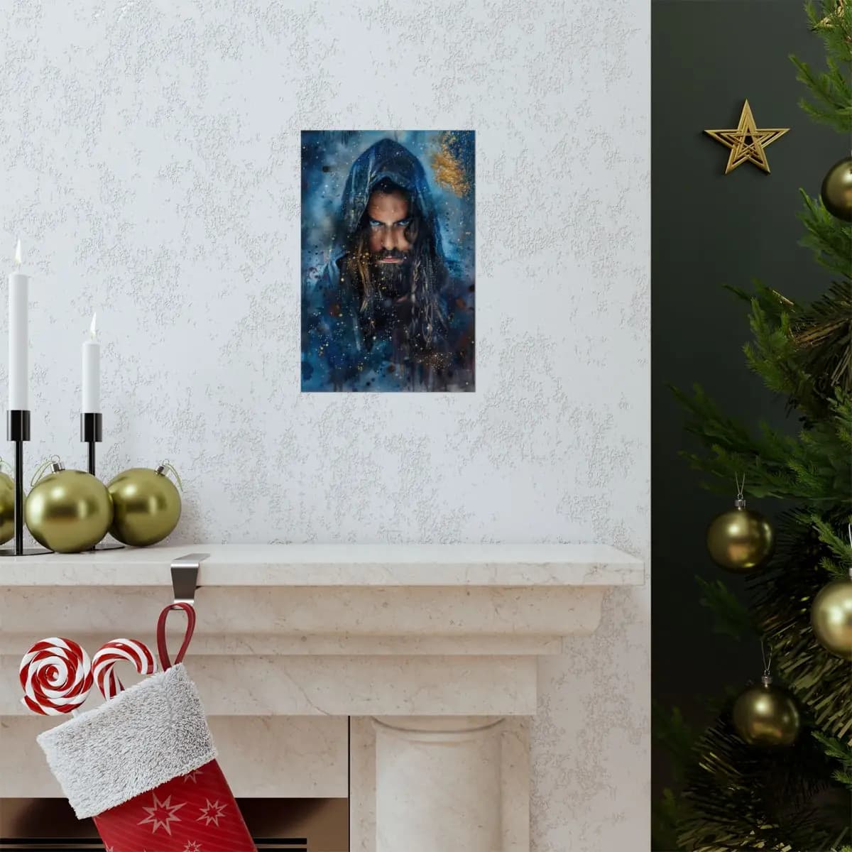 The Ice-Eyed Sorcerer Beneath the Golden Stars - Matte Vertical Posters mockup angle 7