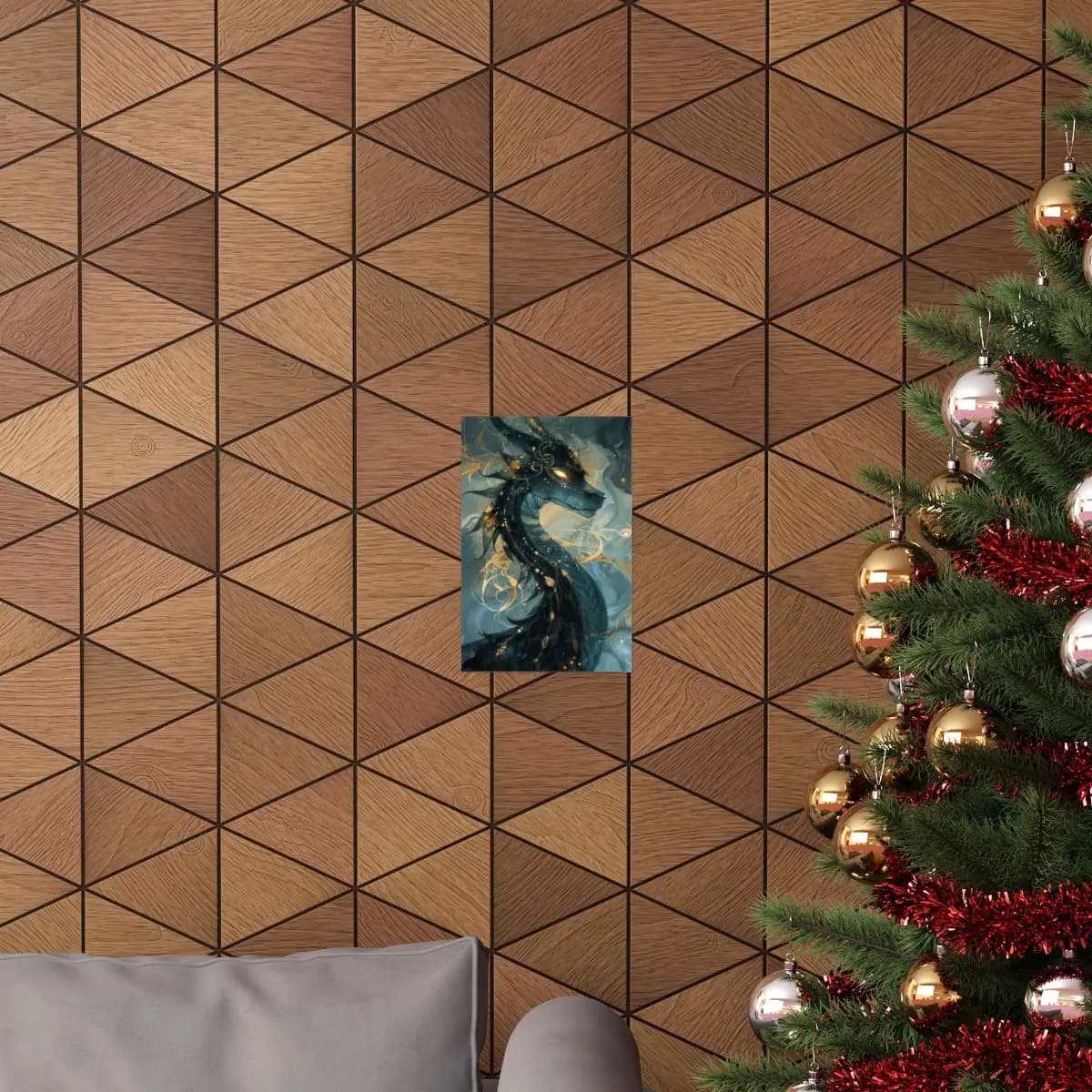 Black Dragon Adorned with Celestial Gold - Matte Vertical Posters mockup angle 4