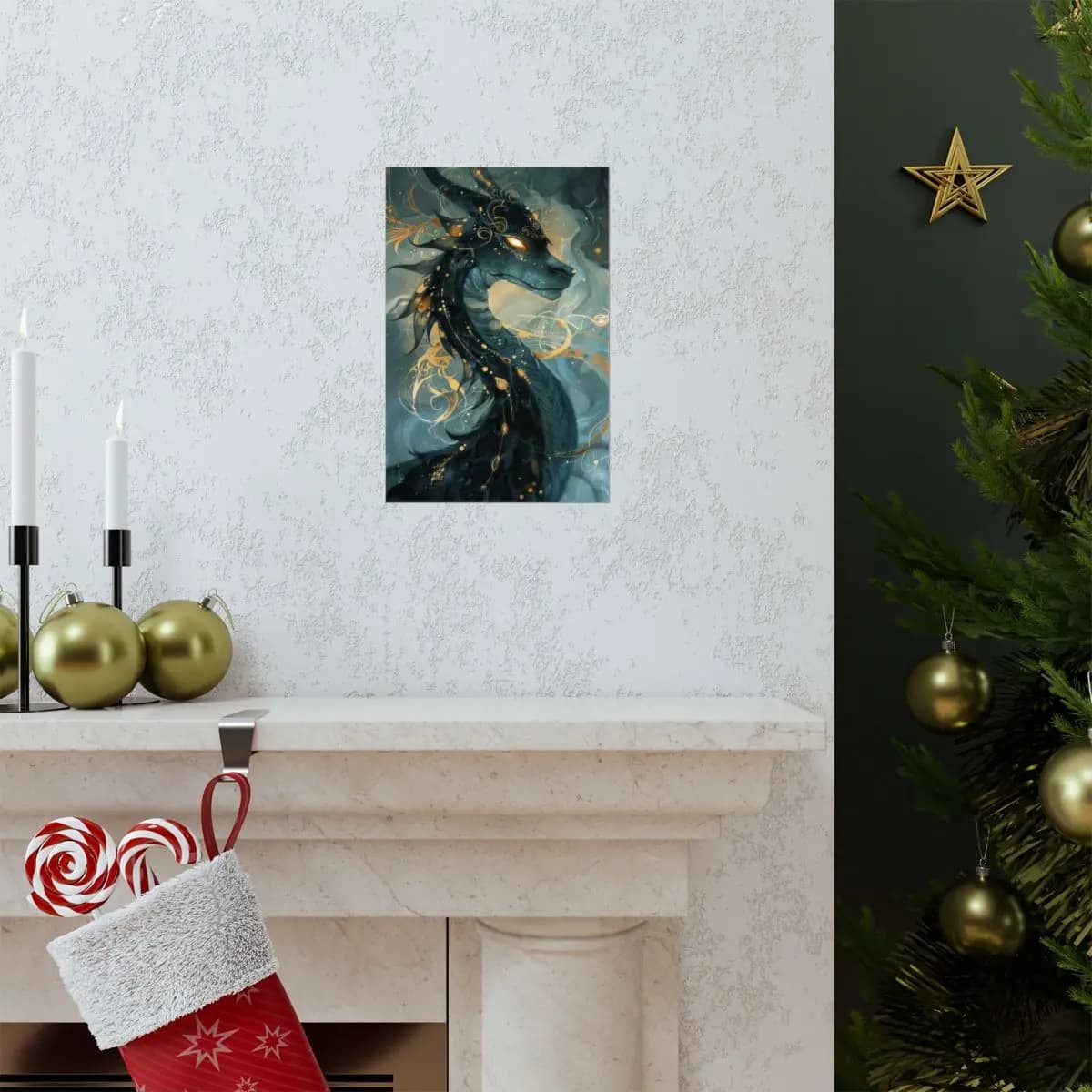 Black Dragon Adorned with Celestial Gold - Matte Vertical Posters mockup angle 7