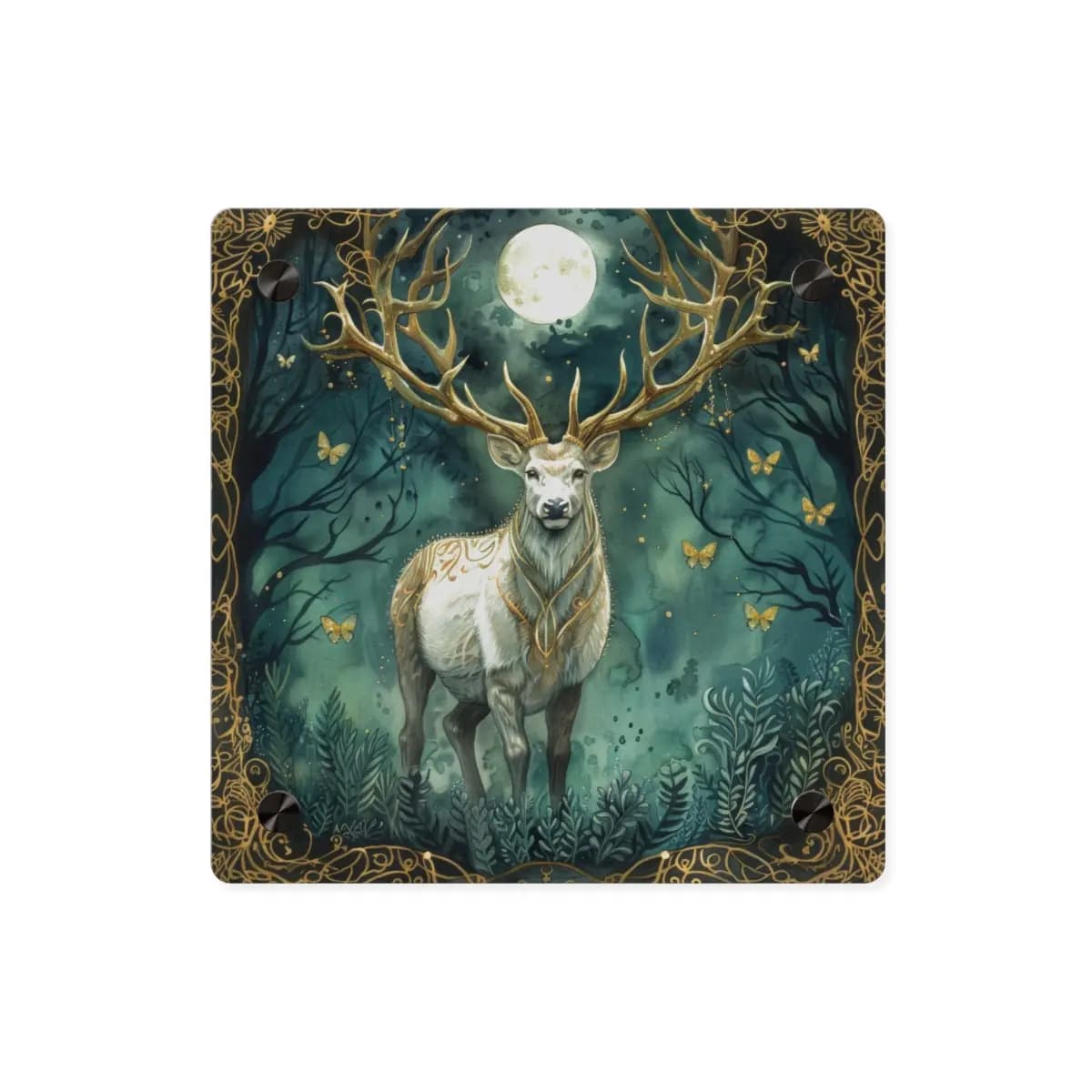 The Sacred Stag Beneath the Golden Moon - Acrylic Wall Art Panels mockup angle 1