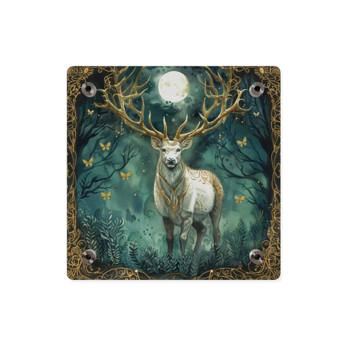 The Sacred Stag Beneath the Golden Moon - Acrylic Wall Art Panels mockup angle 2