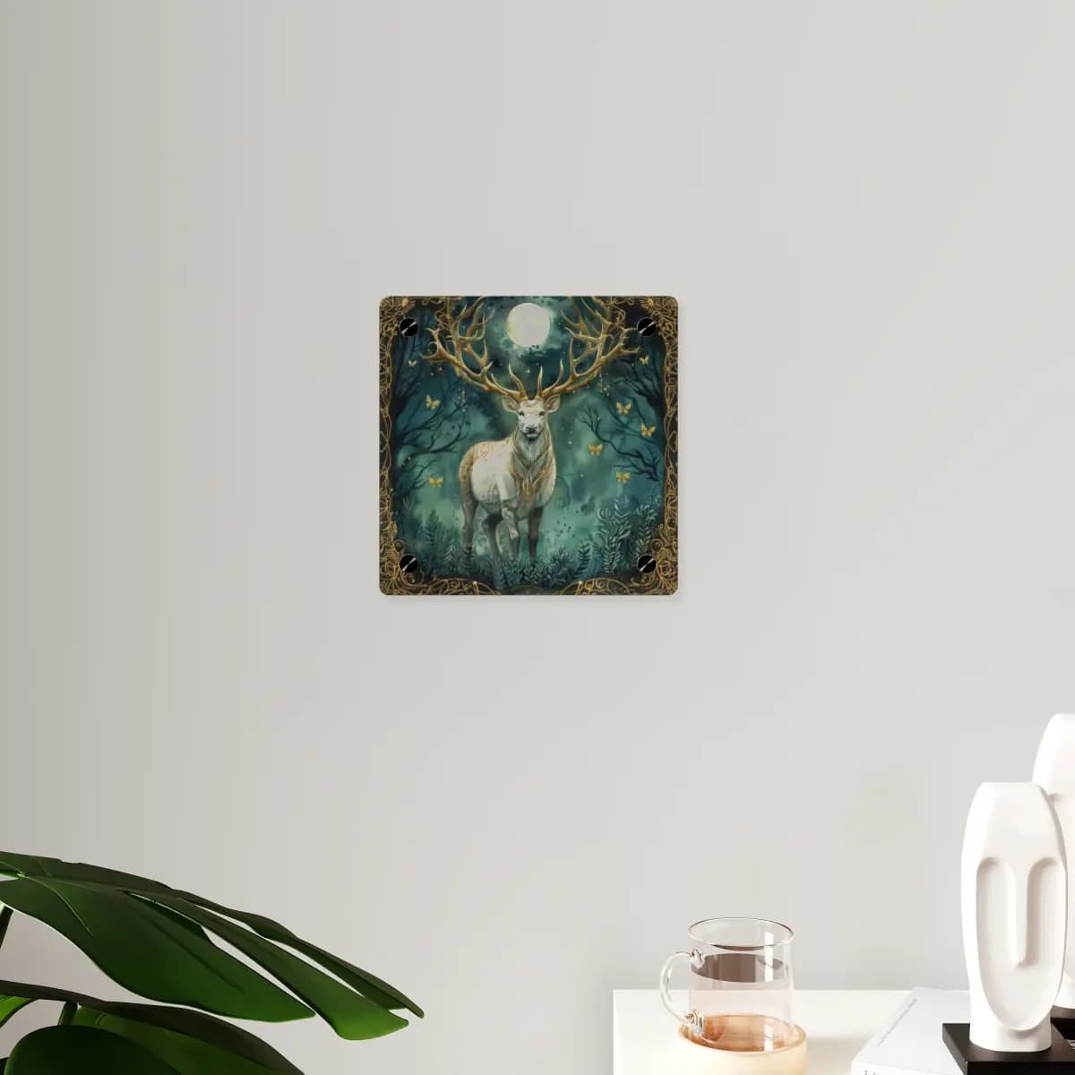 The Sacred Stag Beneath the Golden Moon - Acrylic Wall Art Panels mockup angle 3
