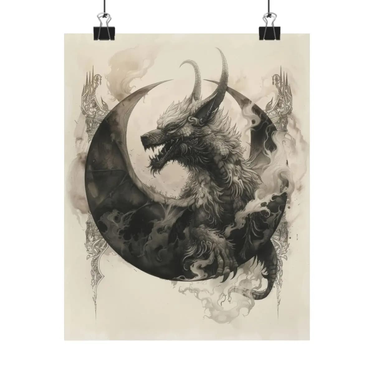 Dark Dragon Rising from a Crescent Moon - Matte Vertical Posters mockup angle 1