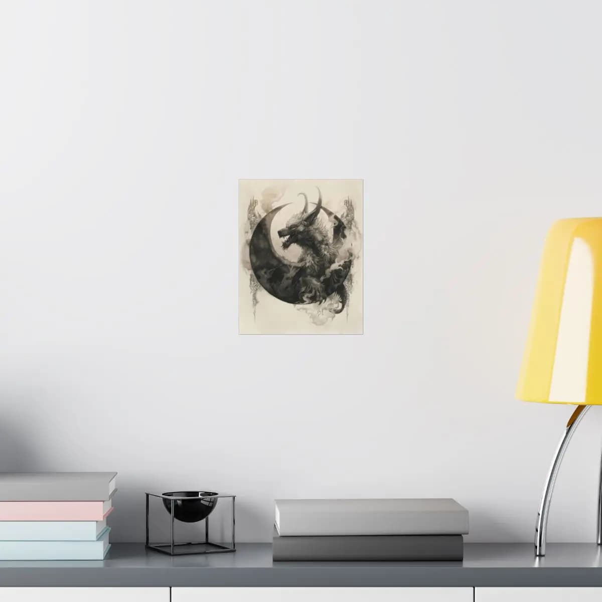 Dark Dragon Rising from a Crescent Moon - Matte Vertical Posters mockup angle 8