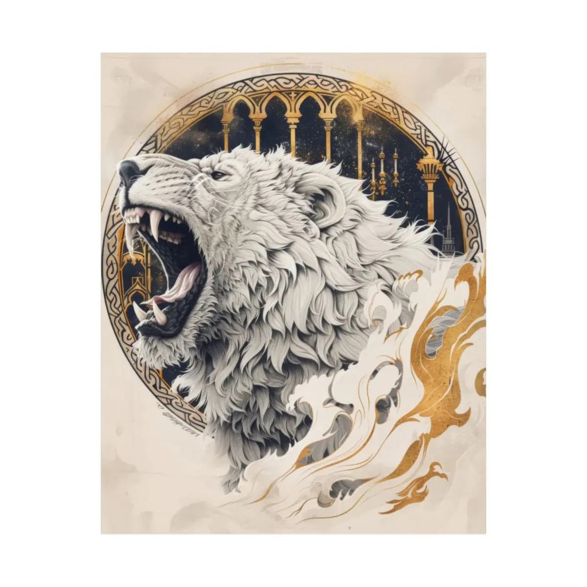 Roaring White Lion with Golden Ornamental Frame - Matte Vertical Posters mockup angle 2