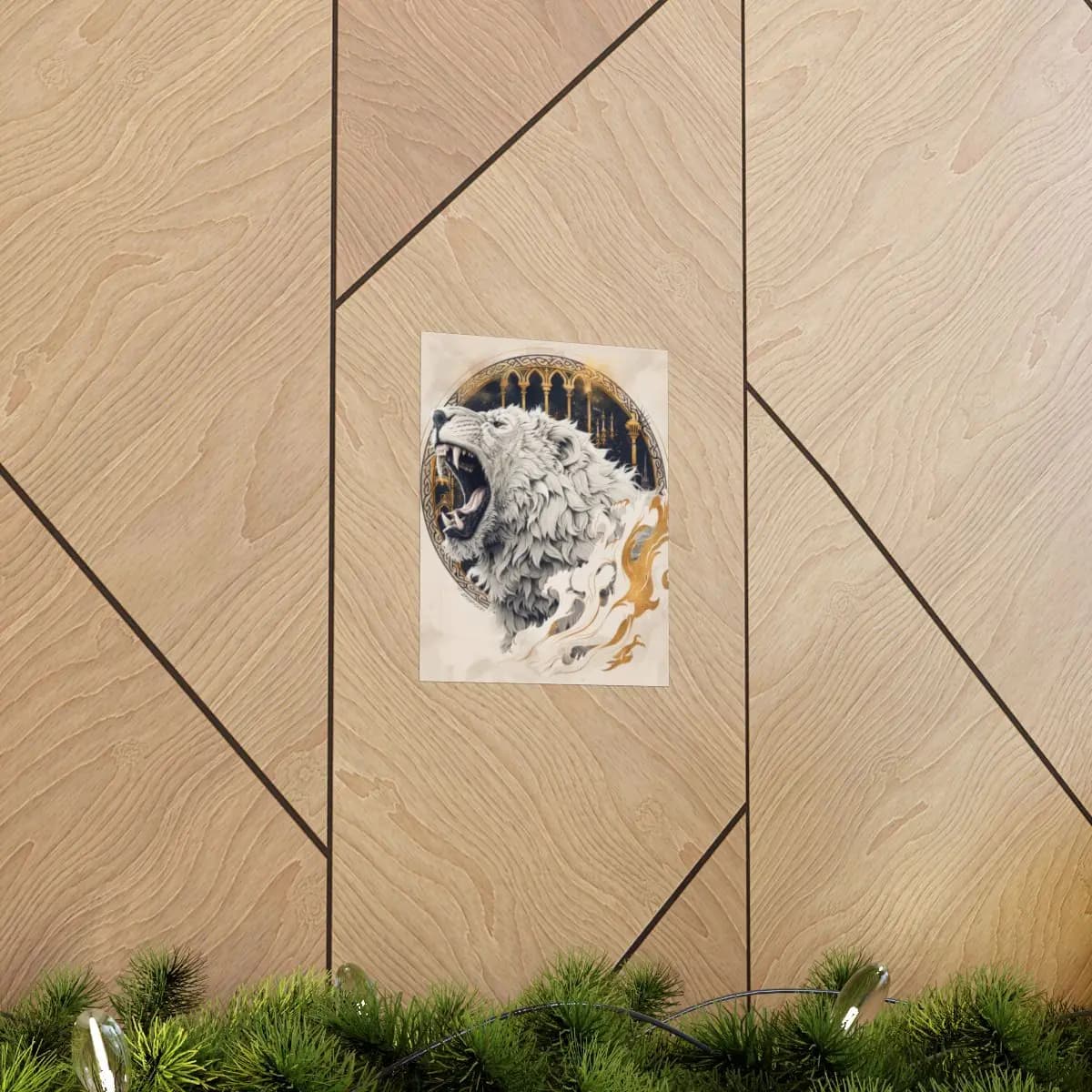 Roaring White Lion with Golden Ornamental Frame - Matte Vertical Posters mockup angle 5