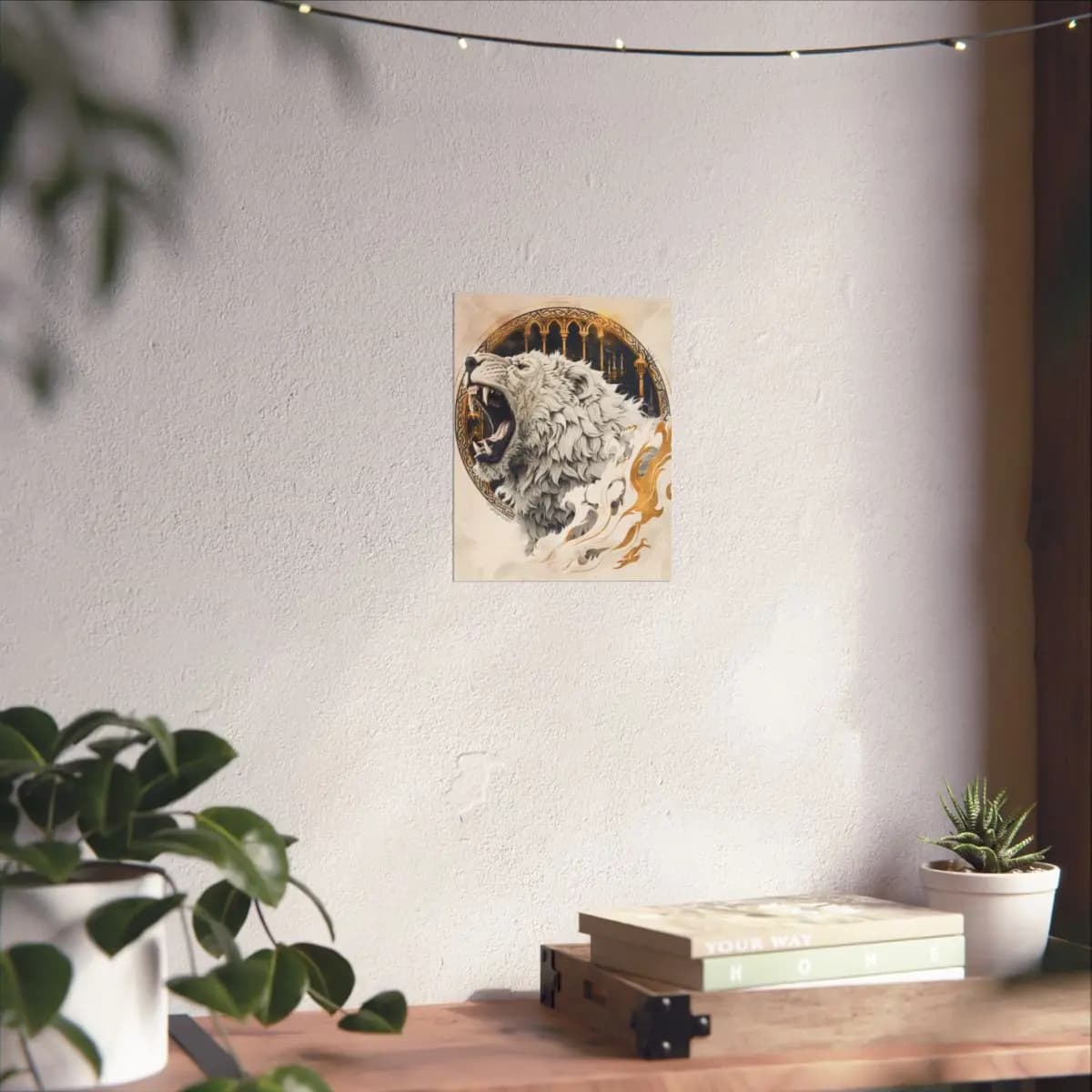 Roaring White Lion with Golden Ornamental Frame - Matte Vertical Posters mockup angle 6