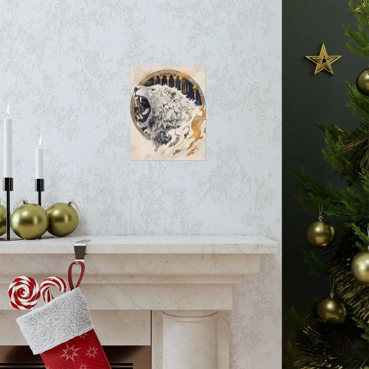 Roaring White Lion with Golden Ornamental Frame - Matte Vertical Posters mockup angle 7