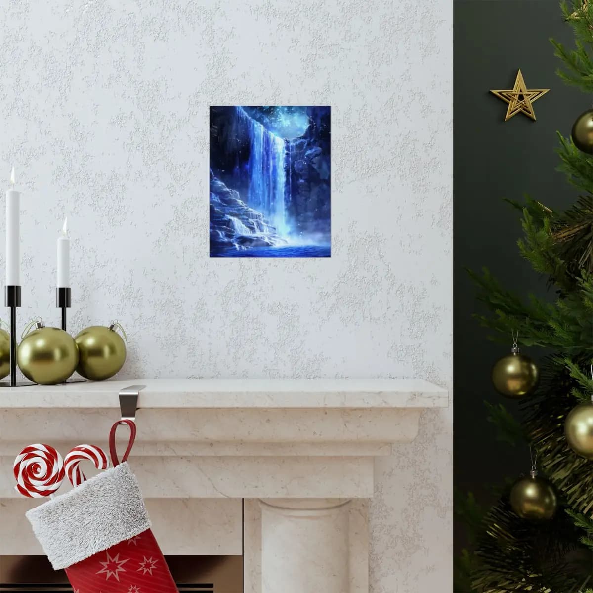 Frozen Waterfall Beneath a Mystic Starlit Sky - Matte Vertical Posters mockup angle 7