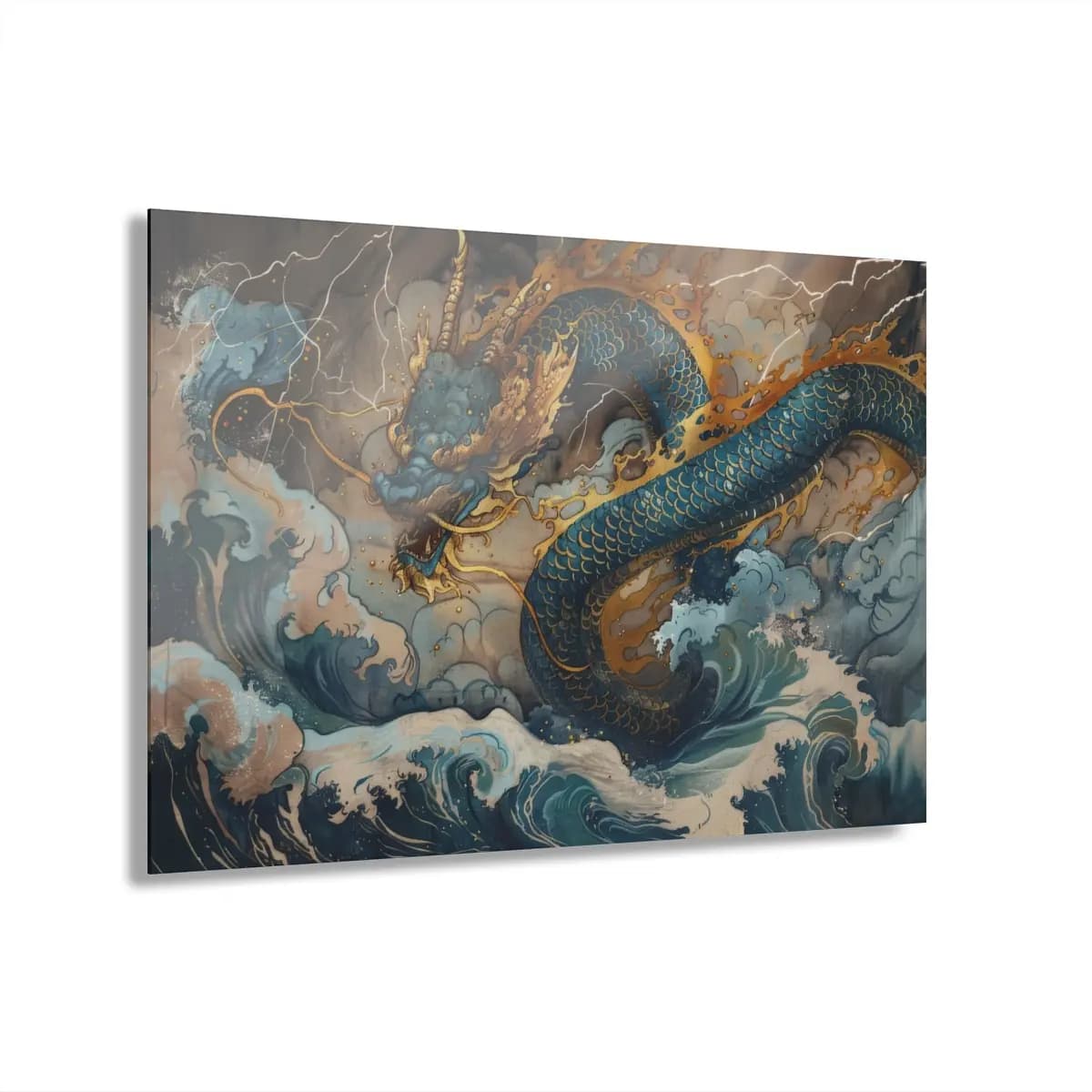 Celestial Dragon Rising Through Storm Waves - Acrylic Prints (French Cleat Hanging) mockup angle 1