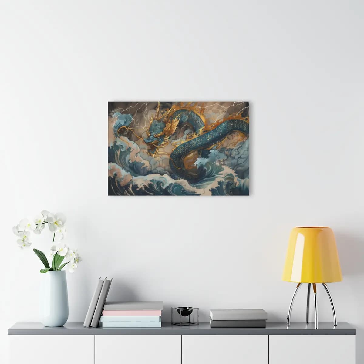 Celestial Dragon Rising Through Storm Waves - Acrylic Prints (French Cleat Hanging) mockup angle 4