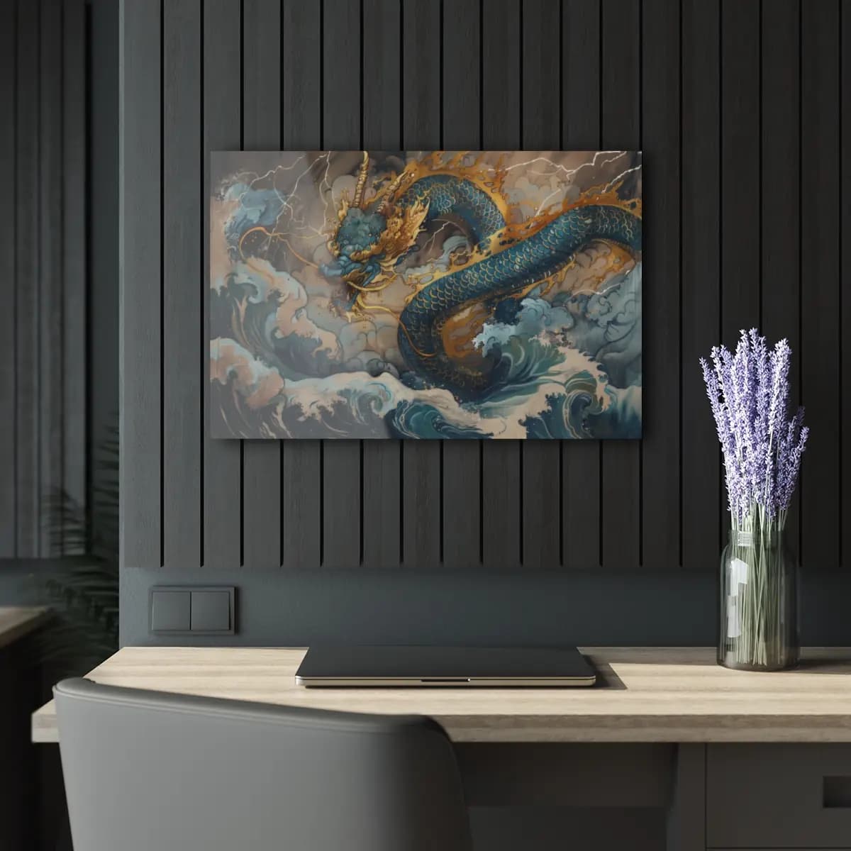 Celestial Dragon Rising Through Storm Waves - Acrylic Prints (French Cleat Hanging) mockup angle 5