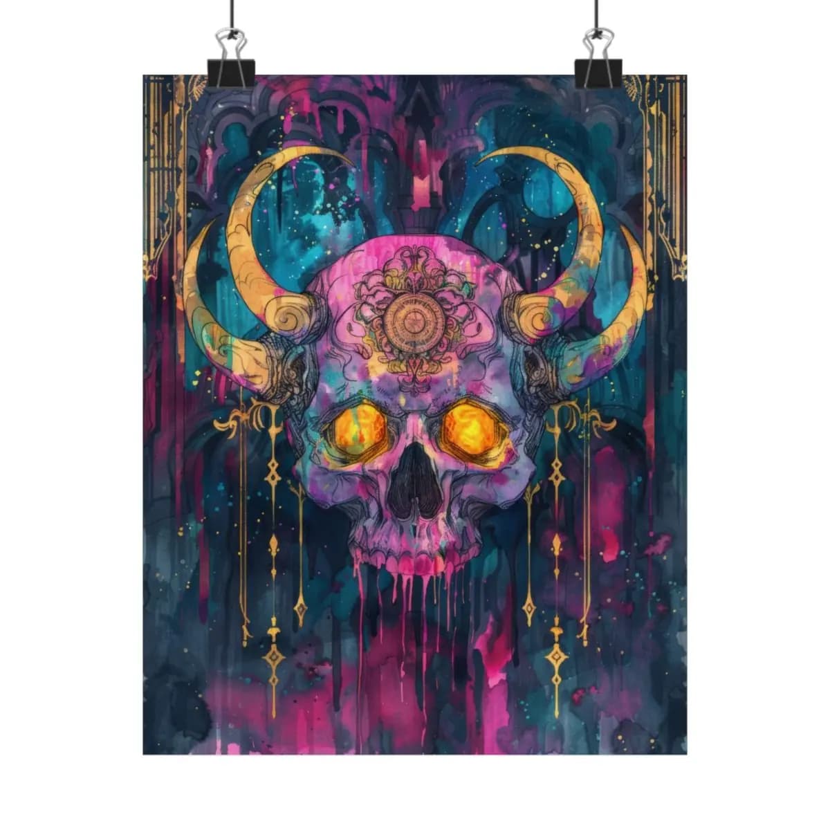 Horned Demon Skull with Golden Flame Eyes - Matte Vertical Posters mockup angle 1