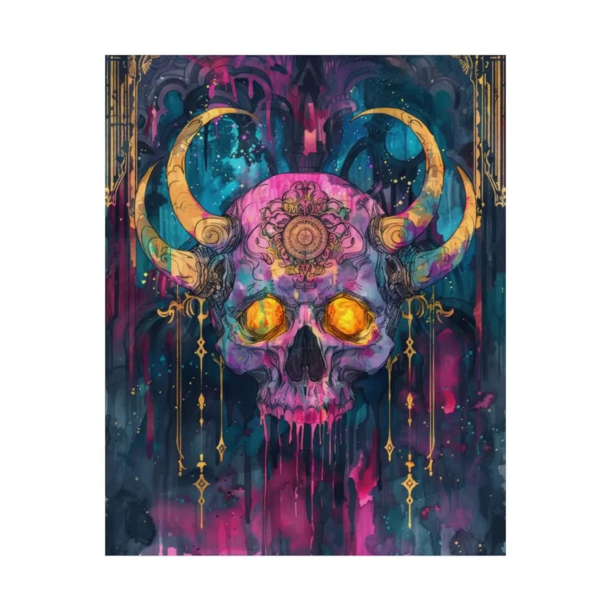 Horned Demon Skull with Golden Flame Eyes - Matte Vertical Posters mockup angle 2