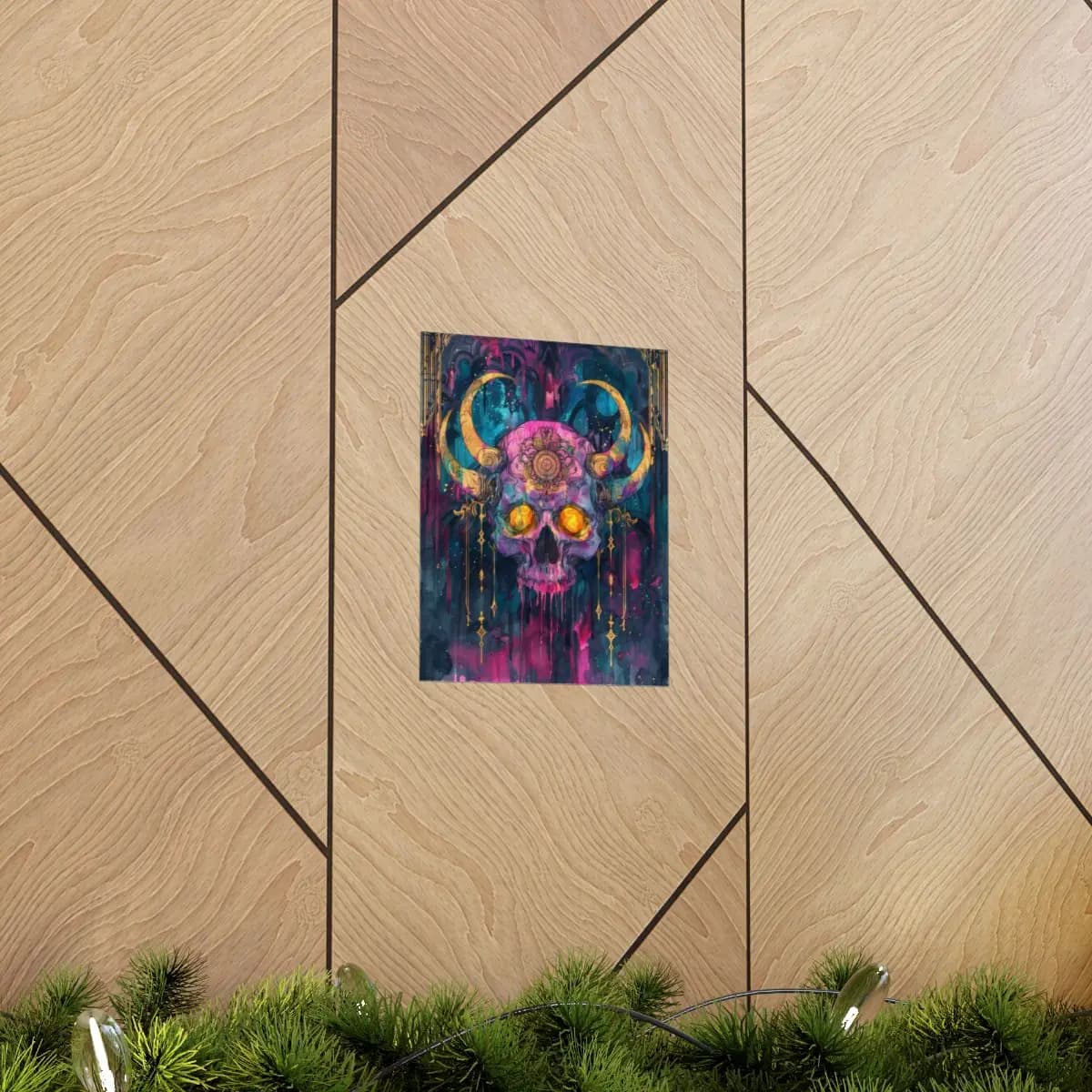 Horned Demon Skull with Golden Flame Eyes - Matte Vertical Posters mockup angle 5
