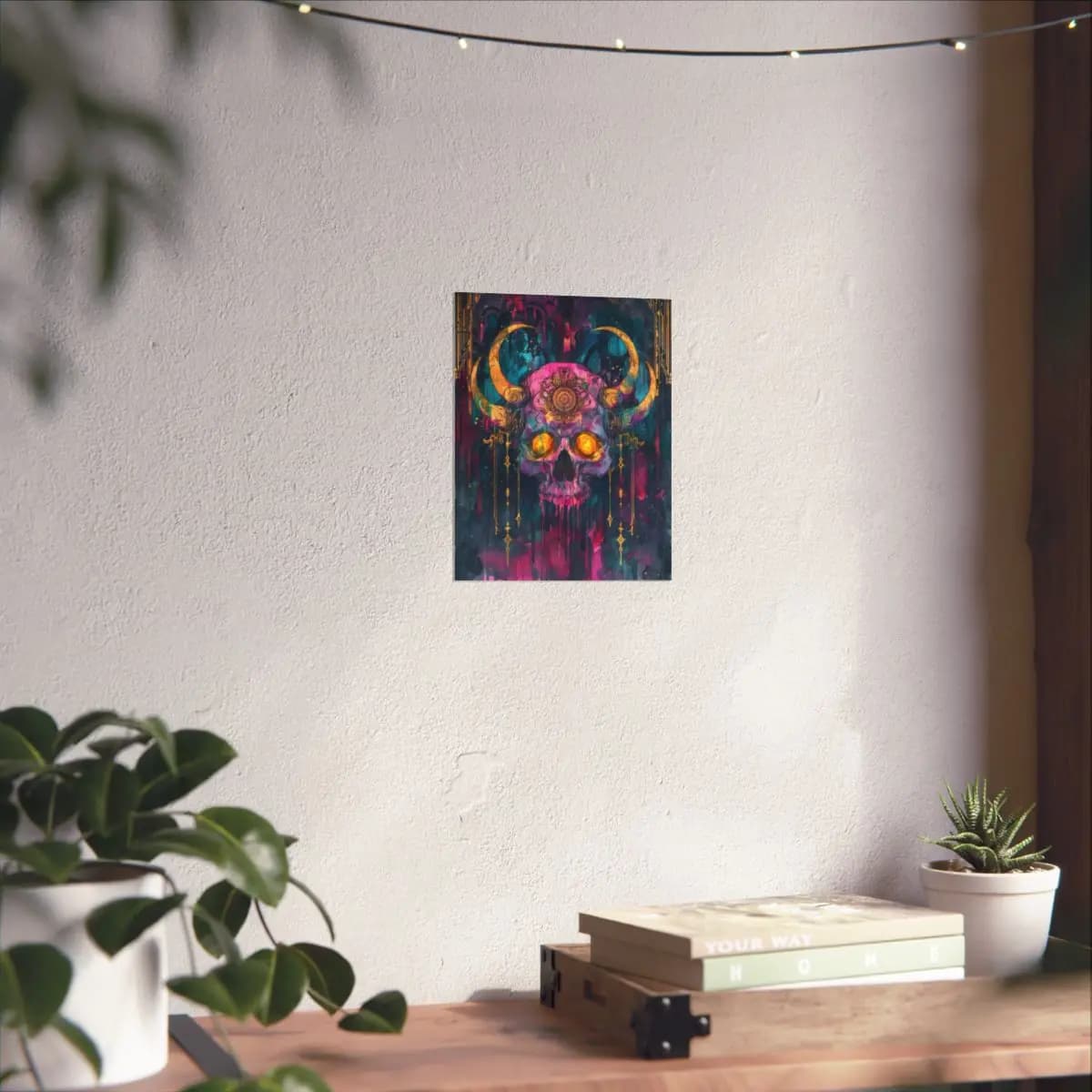 Horned Demon Skull with Golden Flame Eyes - Matte Vertical Posters mockup angle 6
