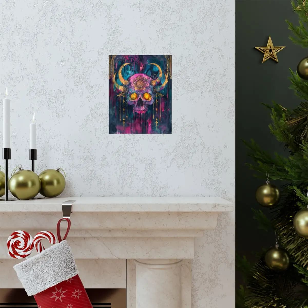 Horned Demon Skull with Golden Flame Eyes - Matte Vertical Posters mockup angle 7