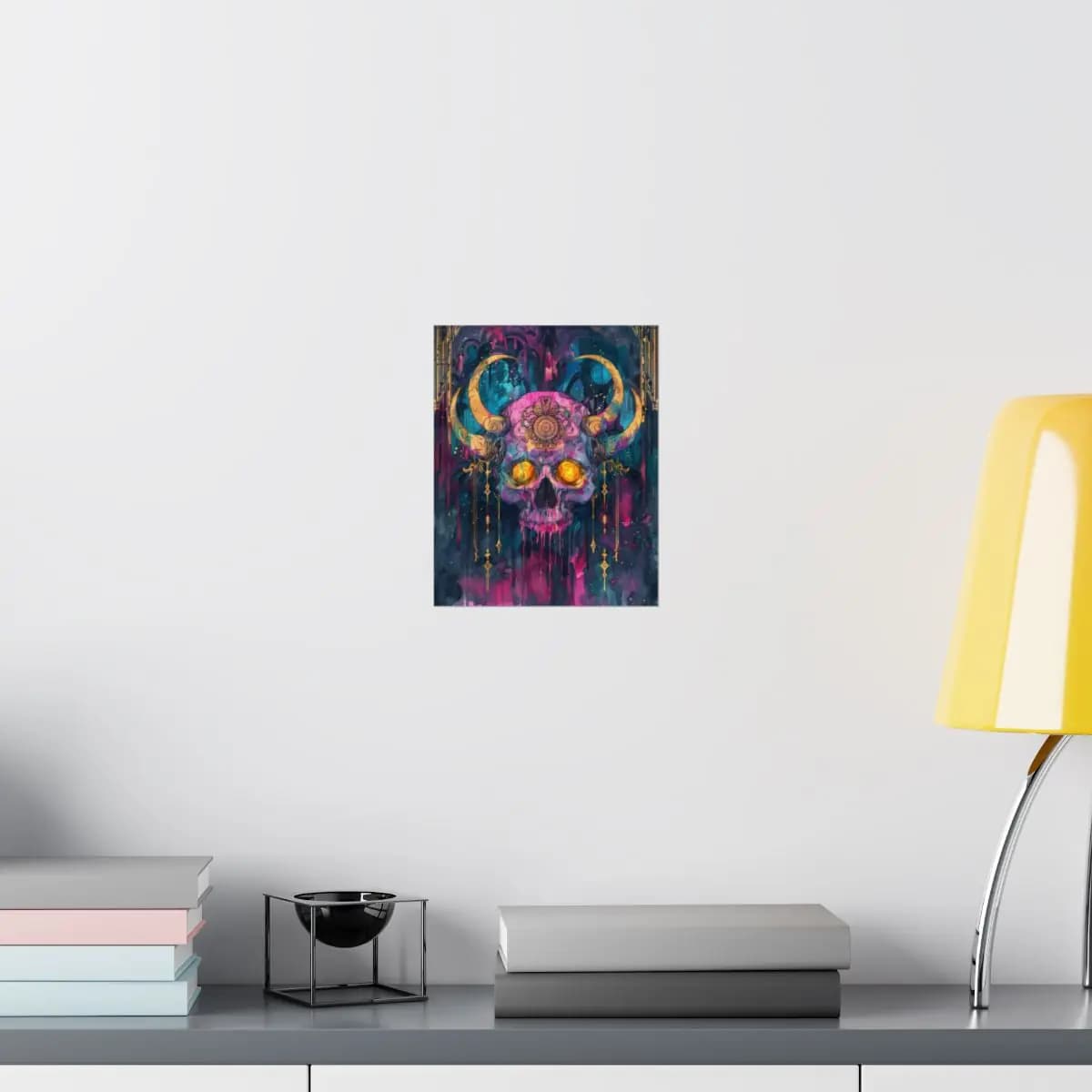 Horned Demon Skull with Golden Flame Eyes - Matte Vertical Posters mockup angle 8