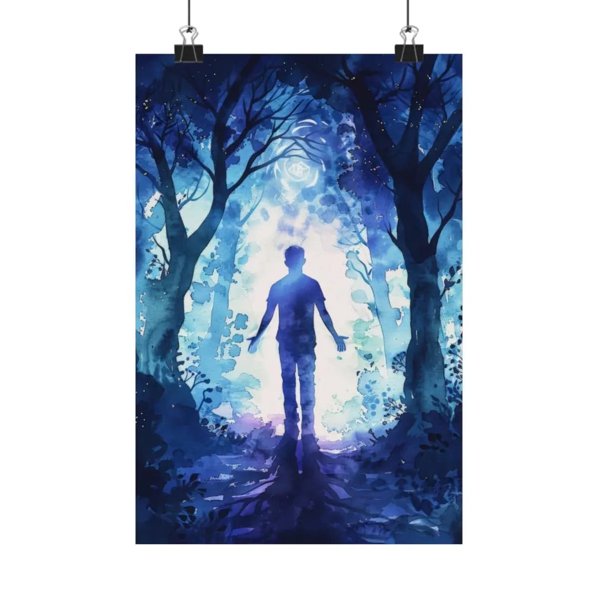 Mystic Silhouette at the Heart of a Blue Forest - Matte Vertical Posters mockup angle 1