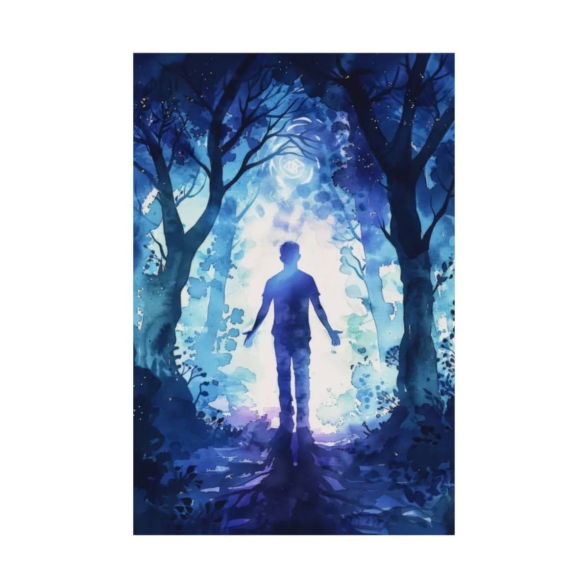 Mystic Silhouette at the Heart of a Blue Forest - Matte Vertical Posters mockup angle 2