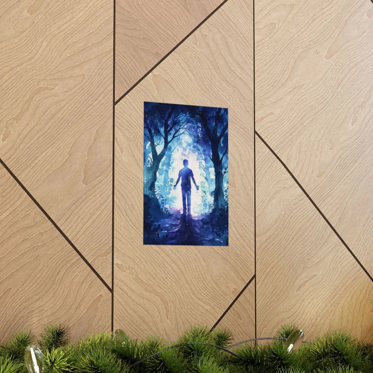 Mystic Silhouette at the Heart of a Blue Forest - Matte Vertical Posters mockup angle 5