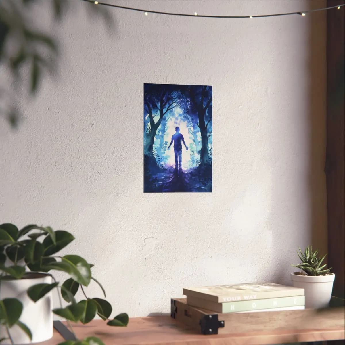 Mystic Silhouette at the Heart of a Blue Forest - Matte Vertical Posters mockup angle 6