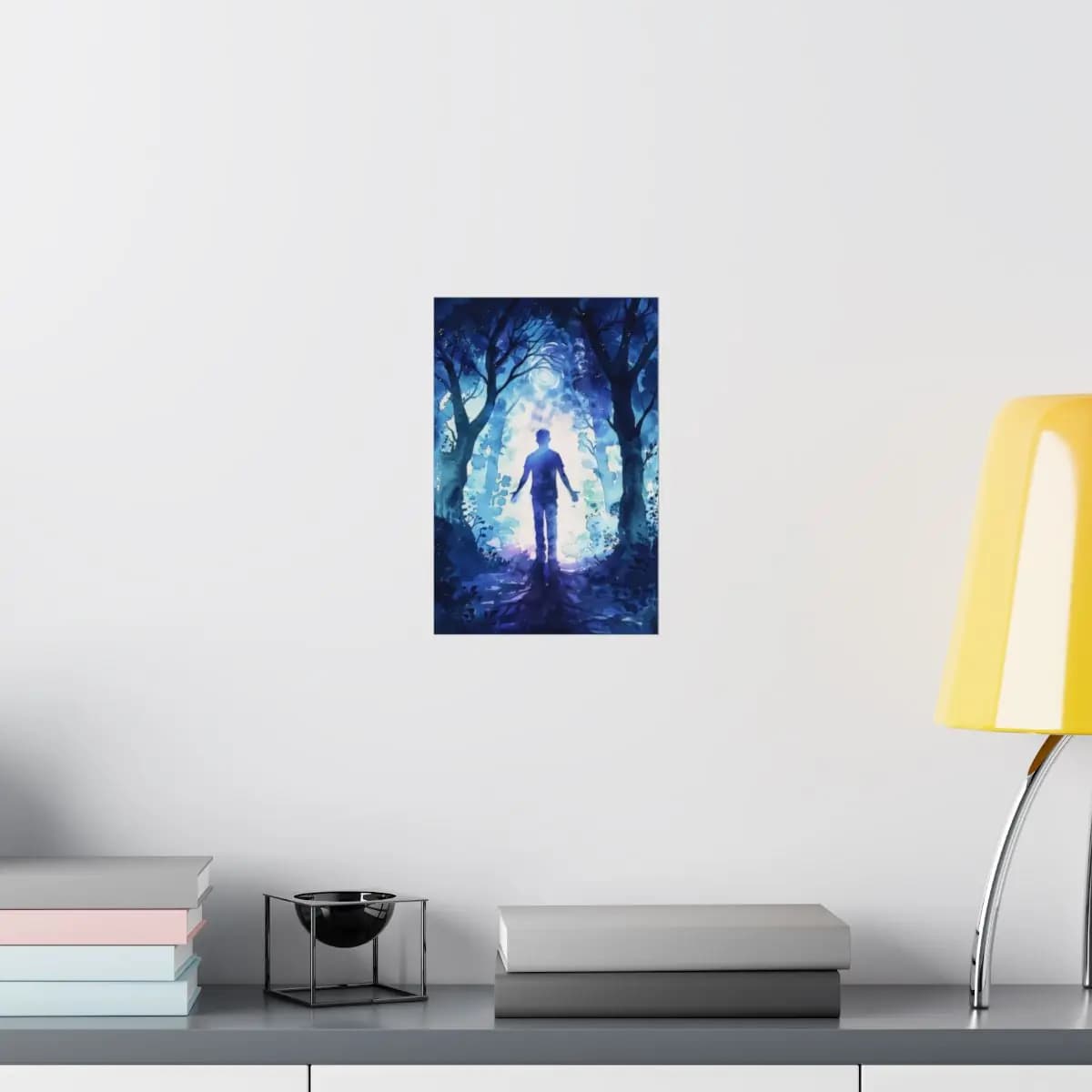 Mystic Silhouette at the Heart of a Blue Forest - Matte Vertical Posters mockup angle 8