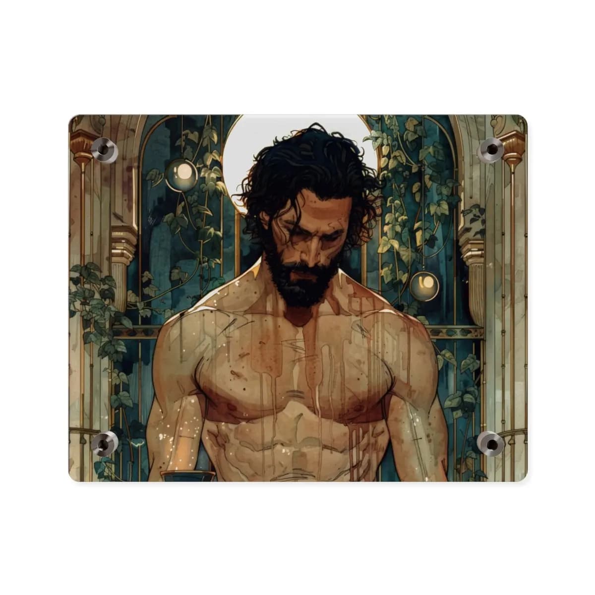 Wounded Warrior in an Ivy-Covered Sanctuary - Acrylic Wall Art Panels mockup angle 2
