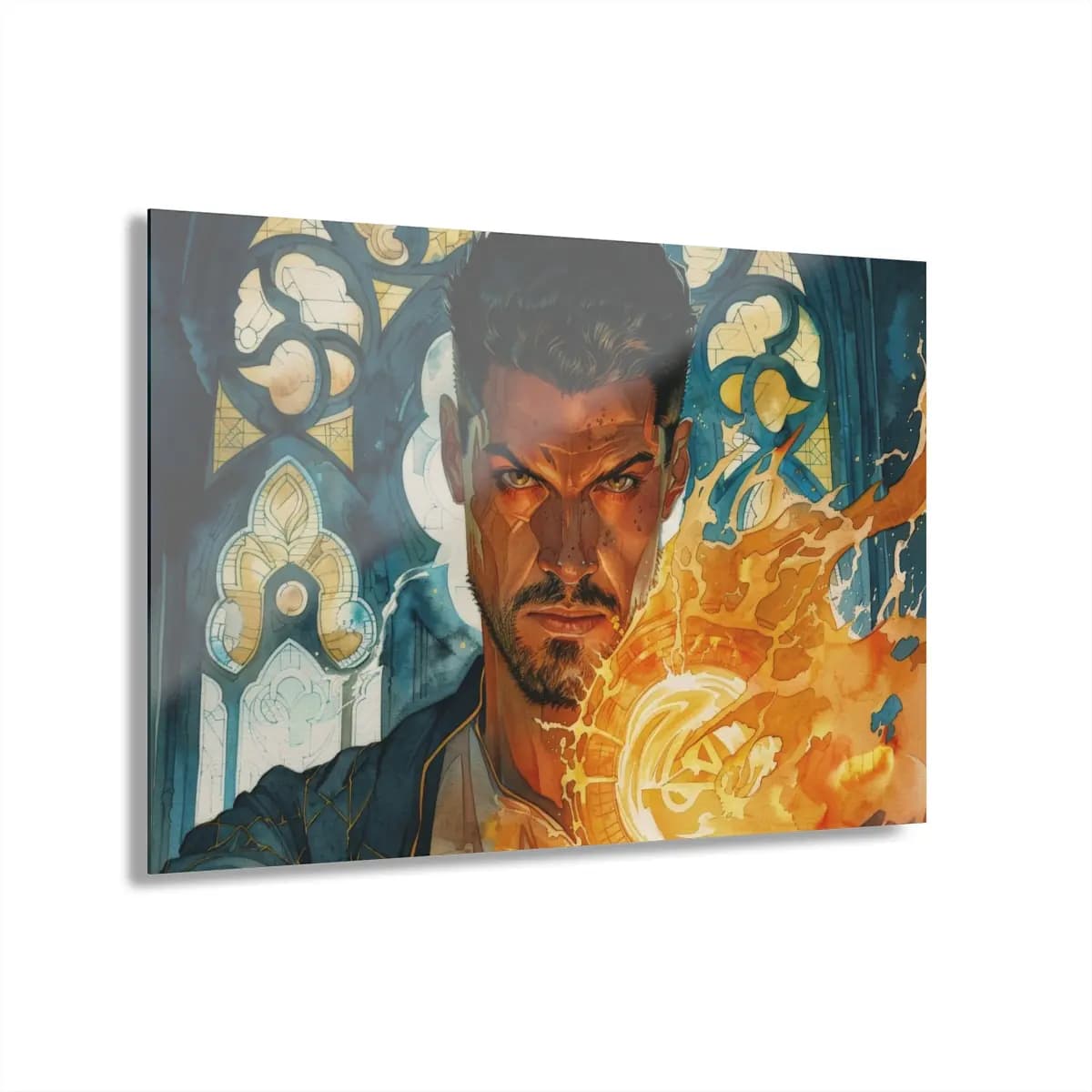 Fire Mage Conjuring Flames in Gothic Cathedral - Acrylic Prints (French Cleat Hanging) mockup angle 1
