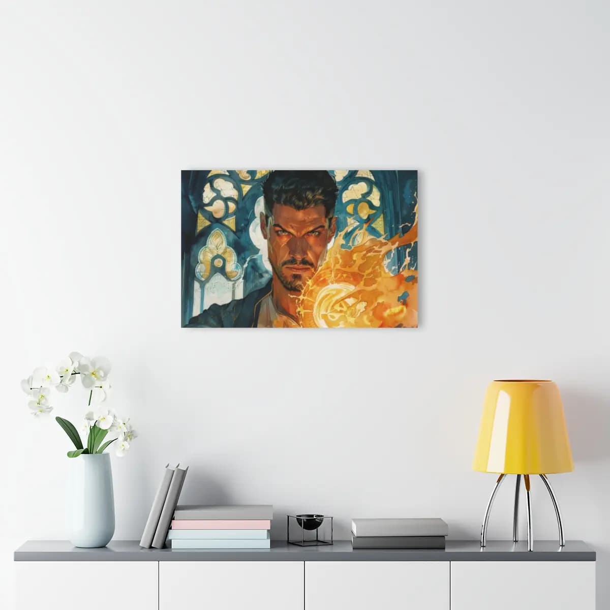 Fire Mage Conjuring Flames in Gothic Cathedral - Acrylic Prints (French Cleat Hanging) mockup angle 4