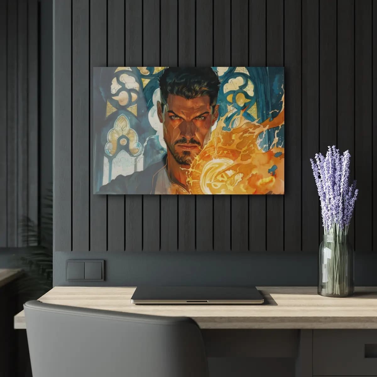 Fire Mage Conjuring Flames in Gothic Cathedral - Acrylic Prints (French Cleat Hanging) mockup angle 5