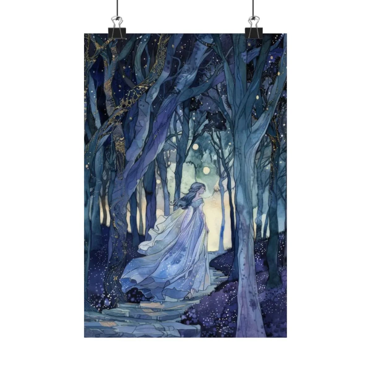 Ethereal Woman Walking Through an Enchanted Night Forest - Matte Vertical Posters mockup angle 1