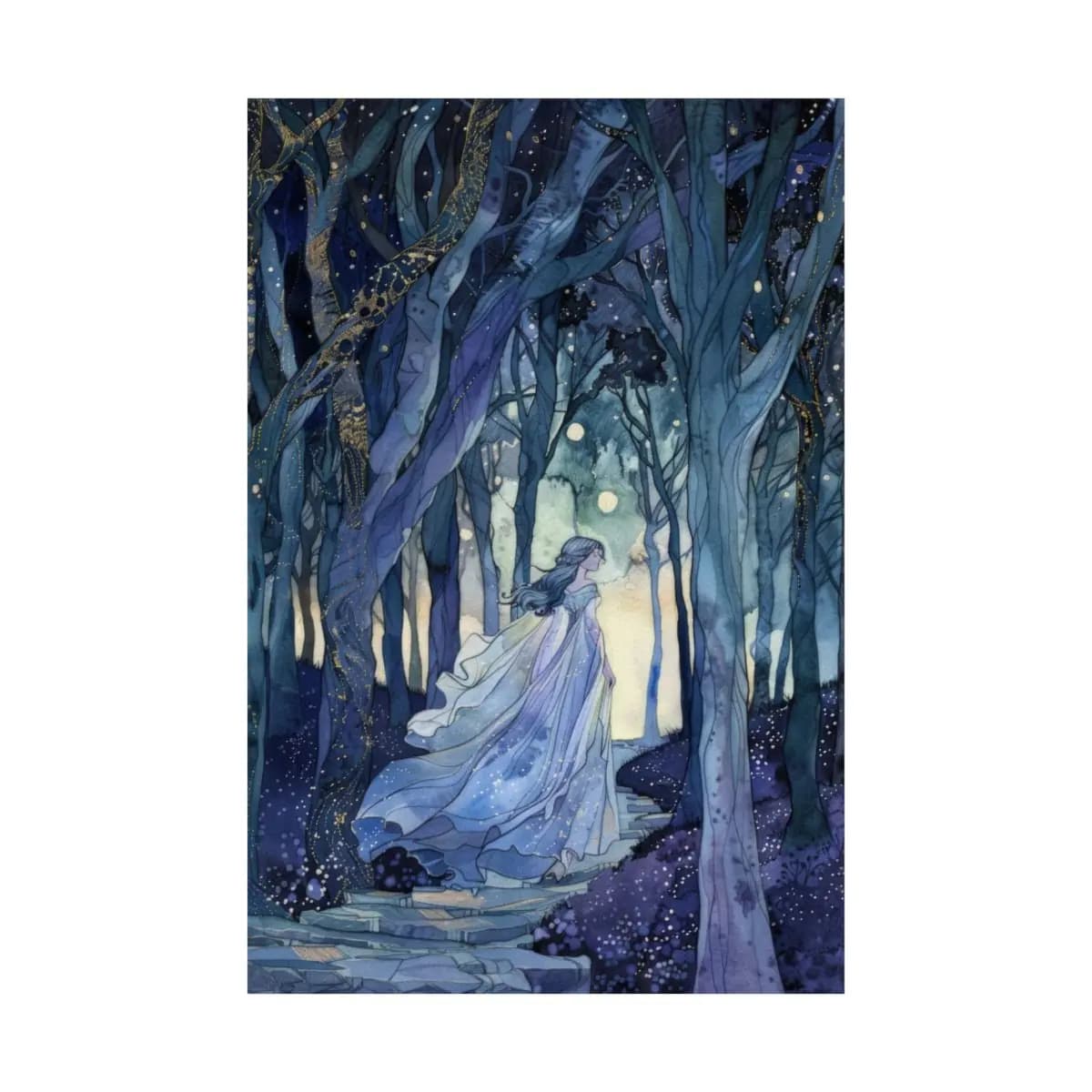 Ethereal Woman Walking Through an Enchanted Night Forest - Matte Vertical Posters mockup angle 2