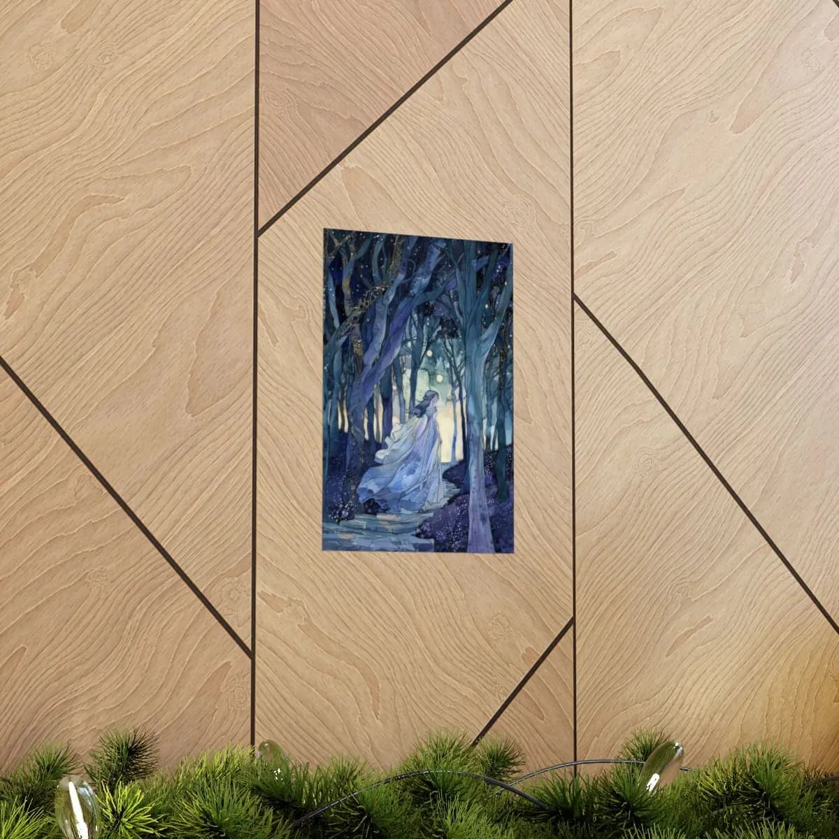 Ethereal Woman Walking Through an Enchanted Night Forest - Matte Vertical Posters mockup angle 5