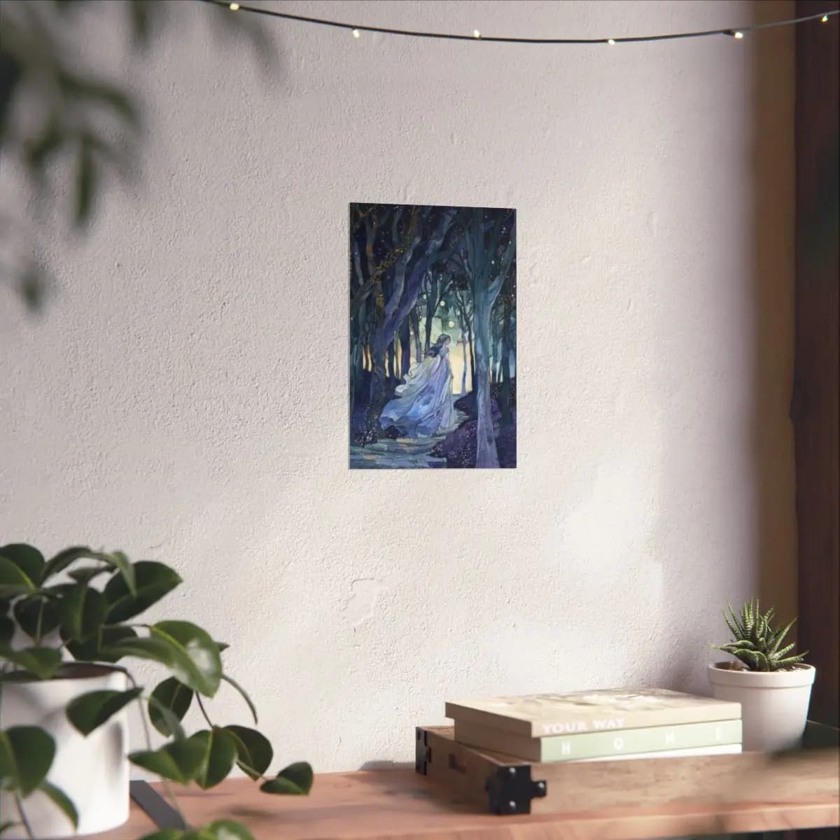 Ethereal Woman Walking Through an Enchanted Night Forest - Matte Vertical Posters mockup angle 6