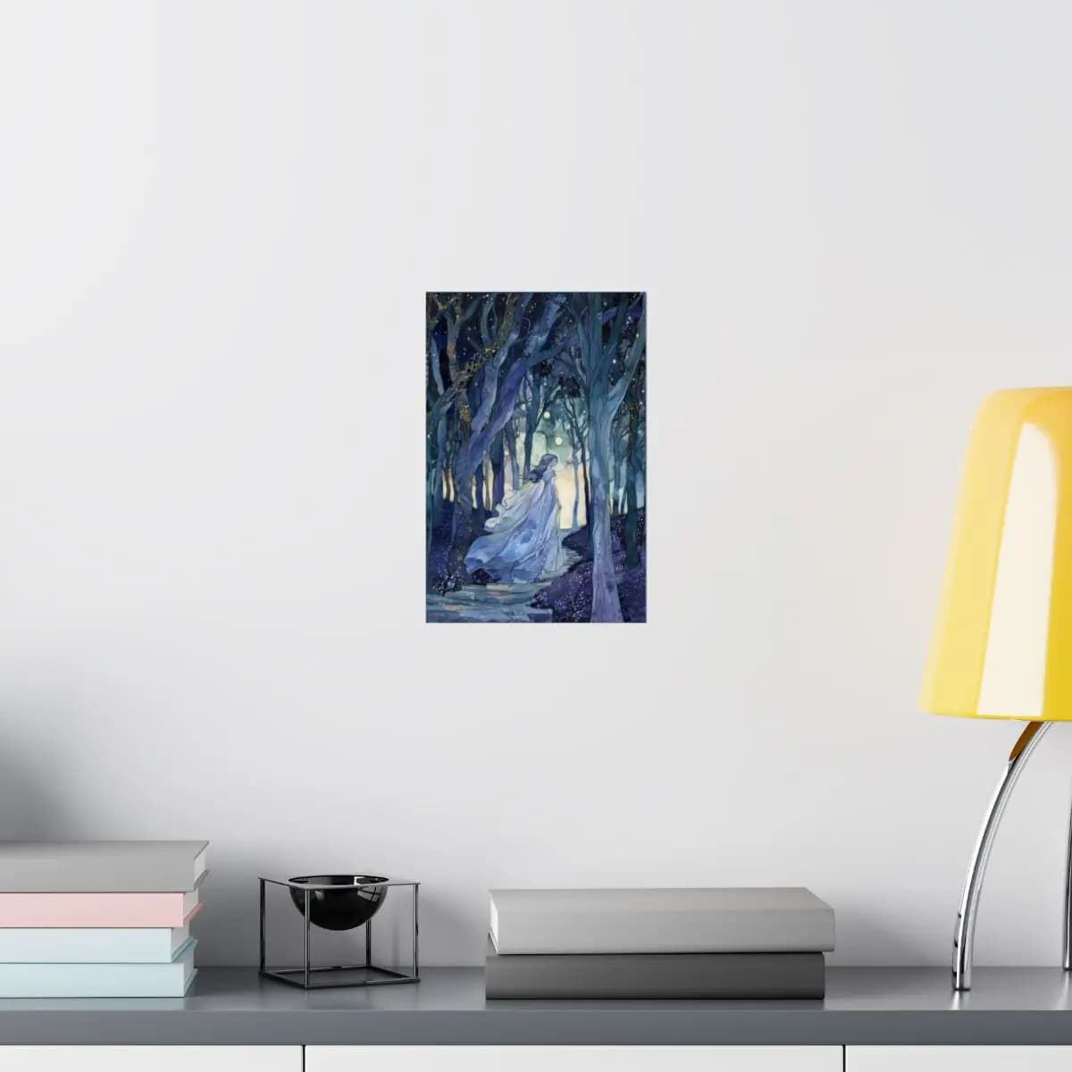 Ethereal Woman Walking Through an Enchanted Night Forest - Matte Vertical Posters mockup angle 8