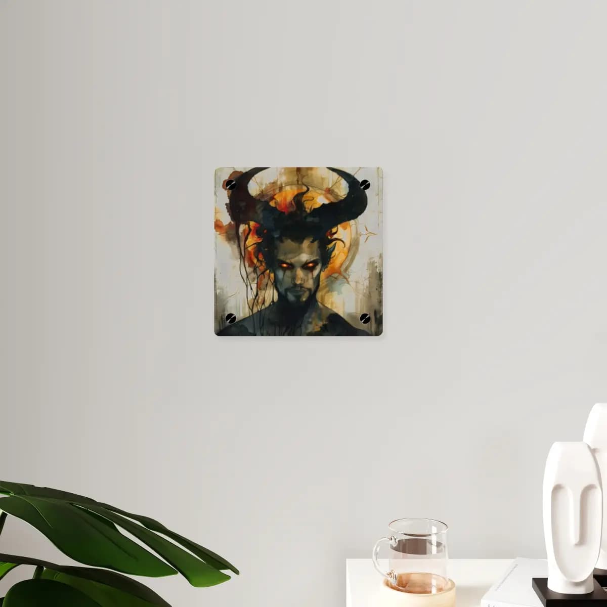 The Horned Lord with Ember Eyes - Acrylic Wall Art Panels mockup angle 3