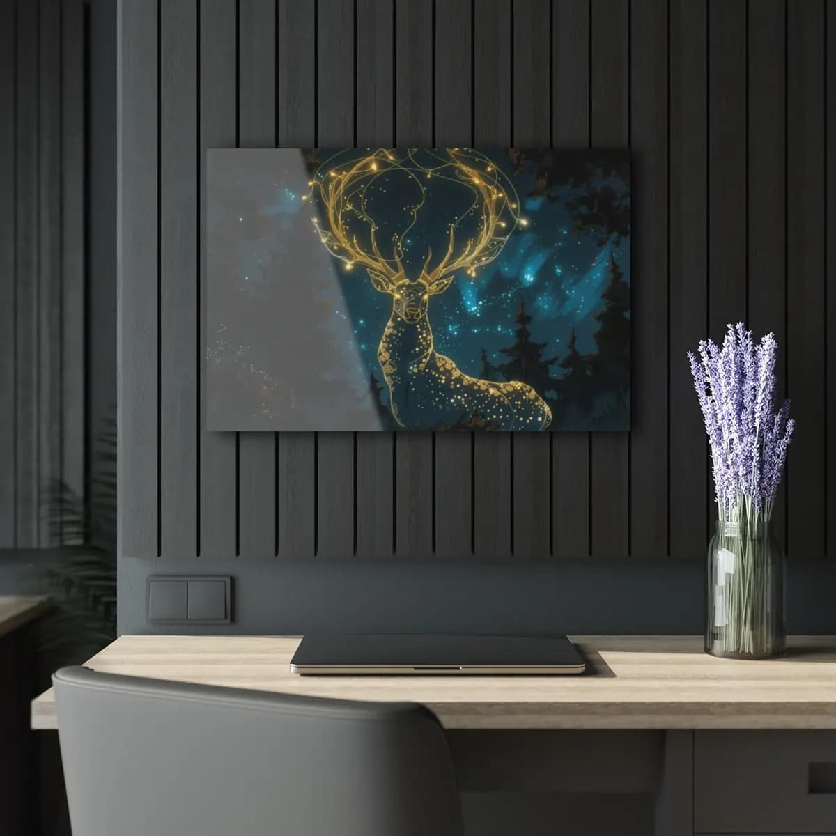 Glowing Spirit Stag in a Starlit Forest - Acrylic Prints (French Cleat Hanging) mockup angle 5