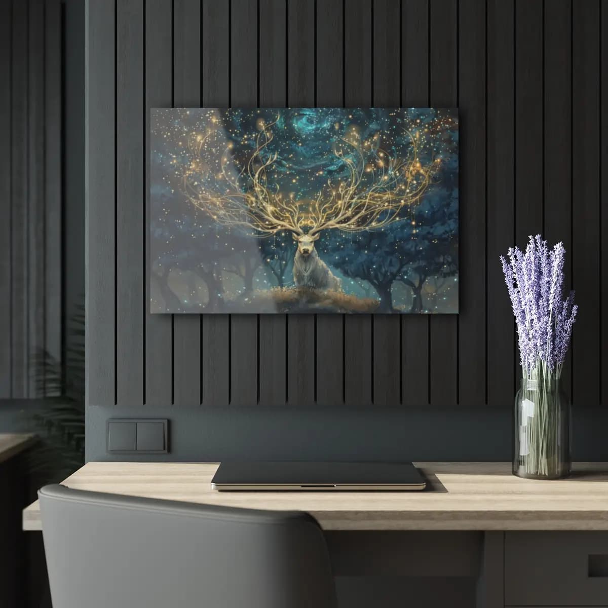 The Celestial Stag with Antlers of Light - Acrylic Prints (French Cleat Hanging) mockup angle 5
