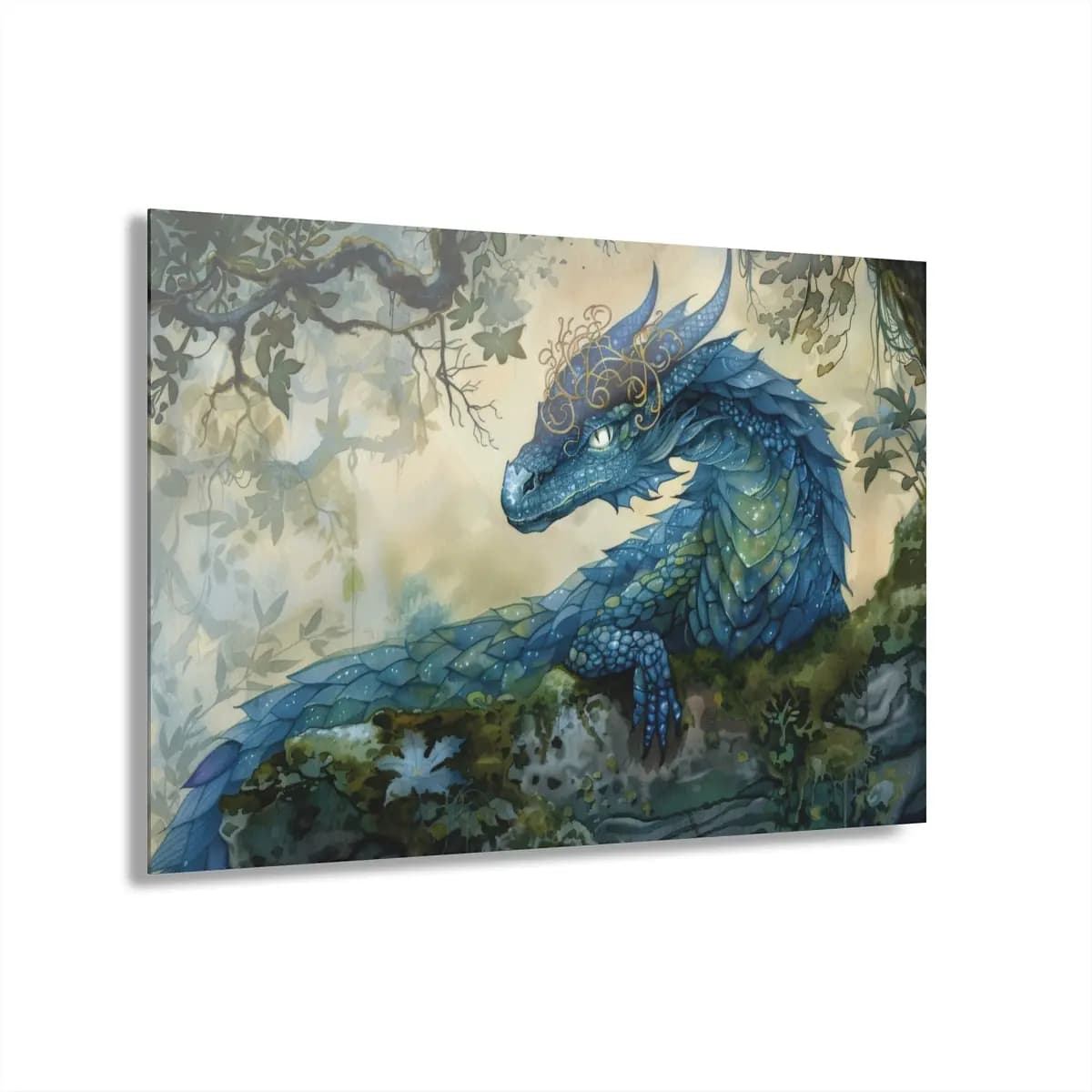 Gold-Crowned Blue Dragon in an Enchanted Forest - Acrylic Prints (French Cleat Hanging) mockup angle 1