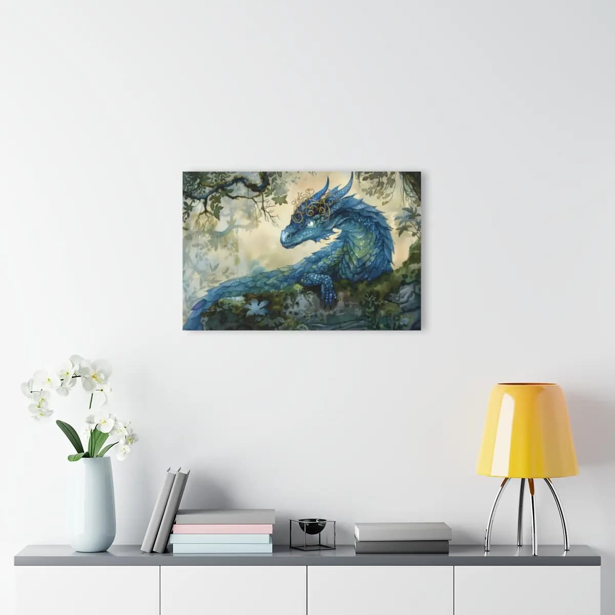 Gold-Crowned Blue Dragon in an Enchanted Forest - Acrylic Prints (French Cleat Hanging) mockup angle 4