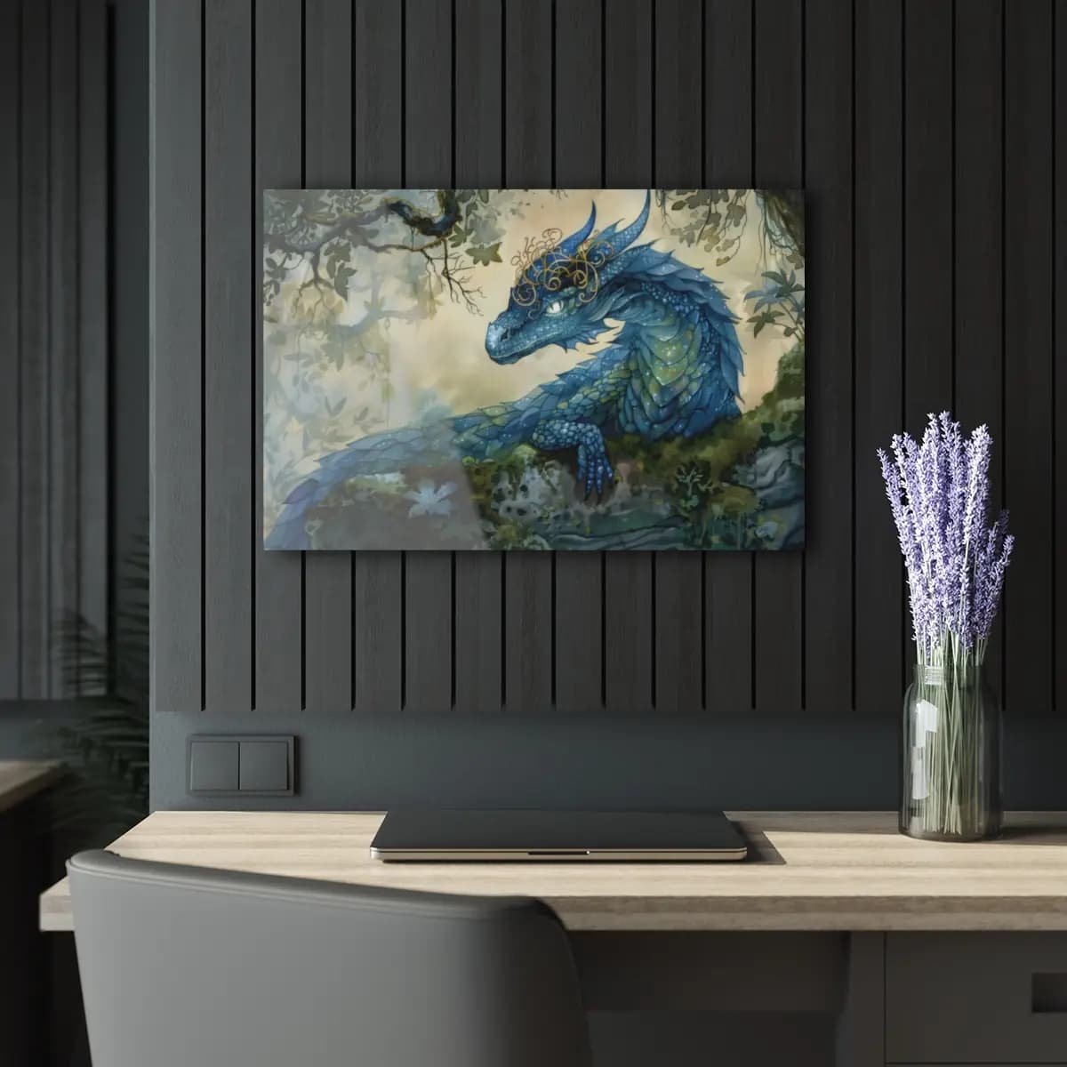 Gold-Crowned Blue Dragon in an Enchanted Forest - Acrylic Prints (French Cleat Hanging) mockup angle 5