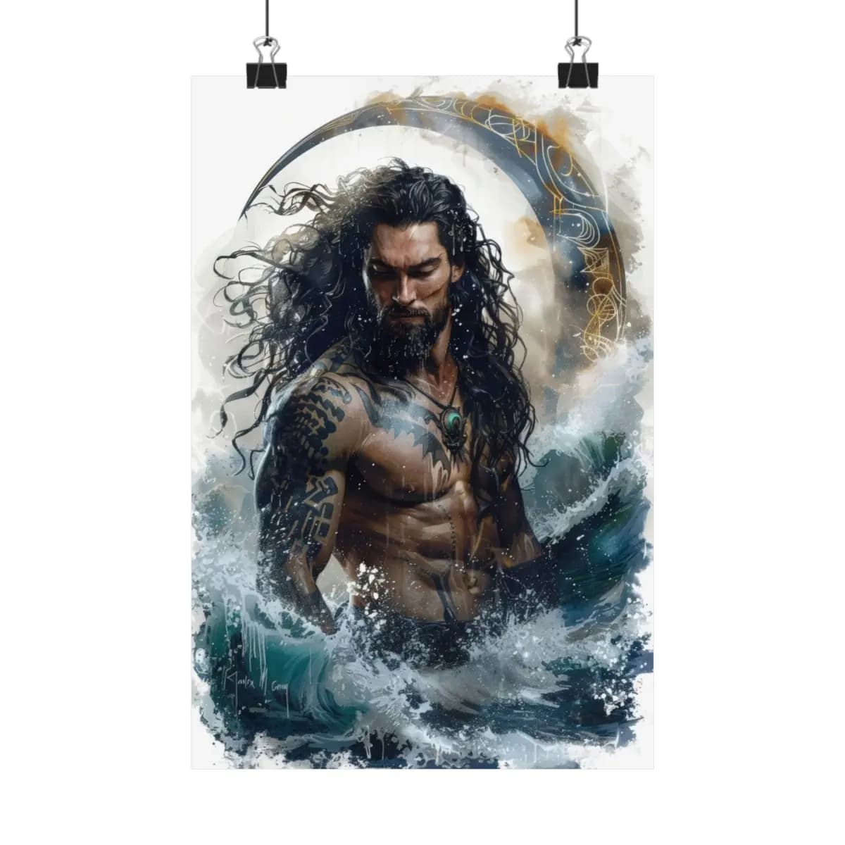 Tattooed Ocean Warlord Rising from the Waves - Matte Vertical Posters mockup angle 1