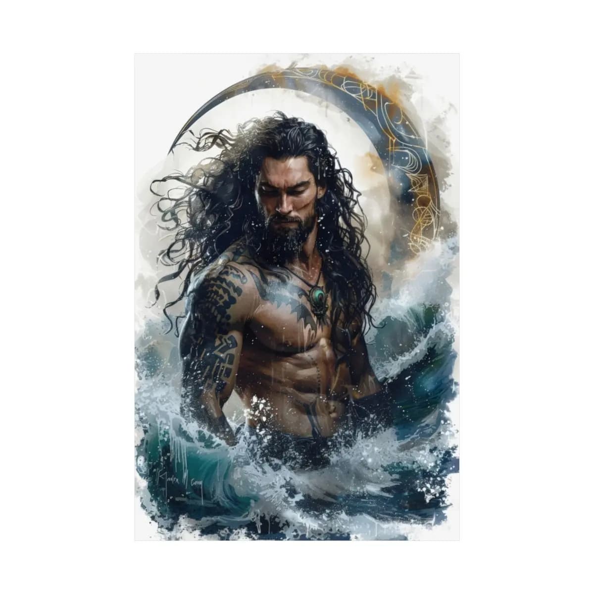 Tattooed Ocean Warlord Rising from the Waves - Matte Vertical Posters mockup angle 2