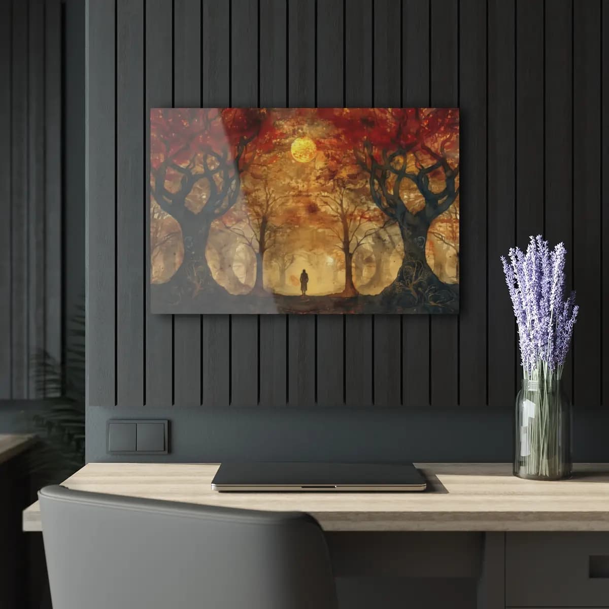 Solitary Silhouette Beneath the Autumn Moon - Acrylic Prints (French Cleat Hanging) mockup angle 5