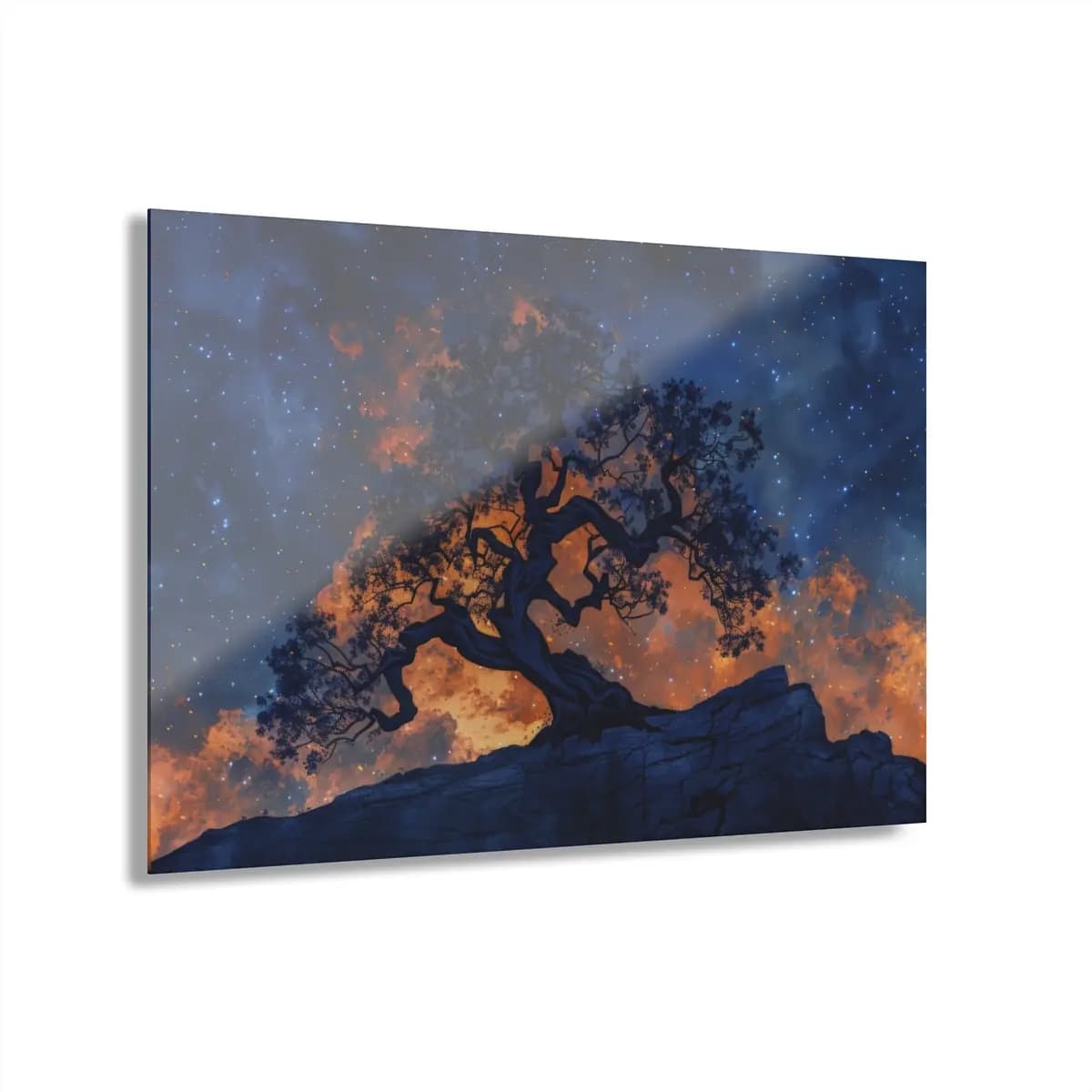 Twisted Tree Against a Burning Starlit Sky - Acrylic Prints (French Cleat Hanging) mockup angle 1