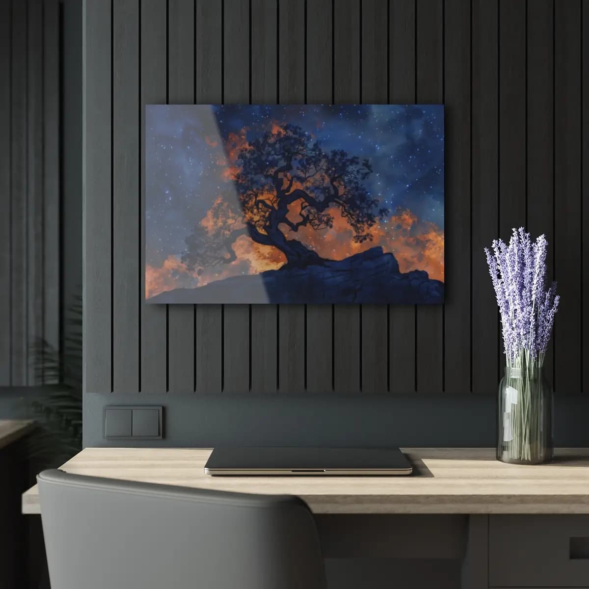 Twisted Tree Against a Burning Starlit Sky - Acrylic Prints (French Cleat Hanging) mockup angle 5
