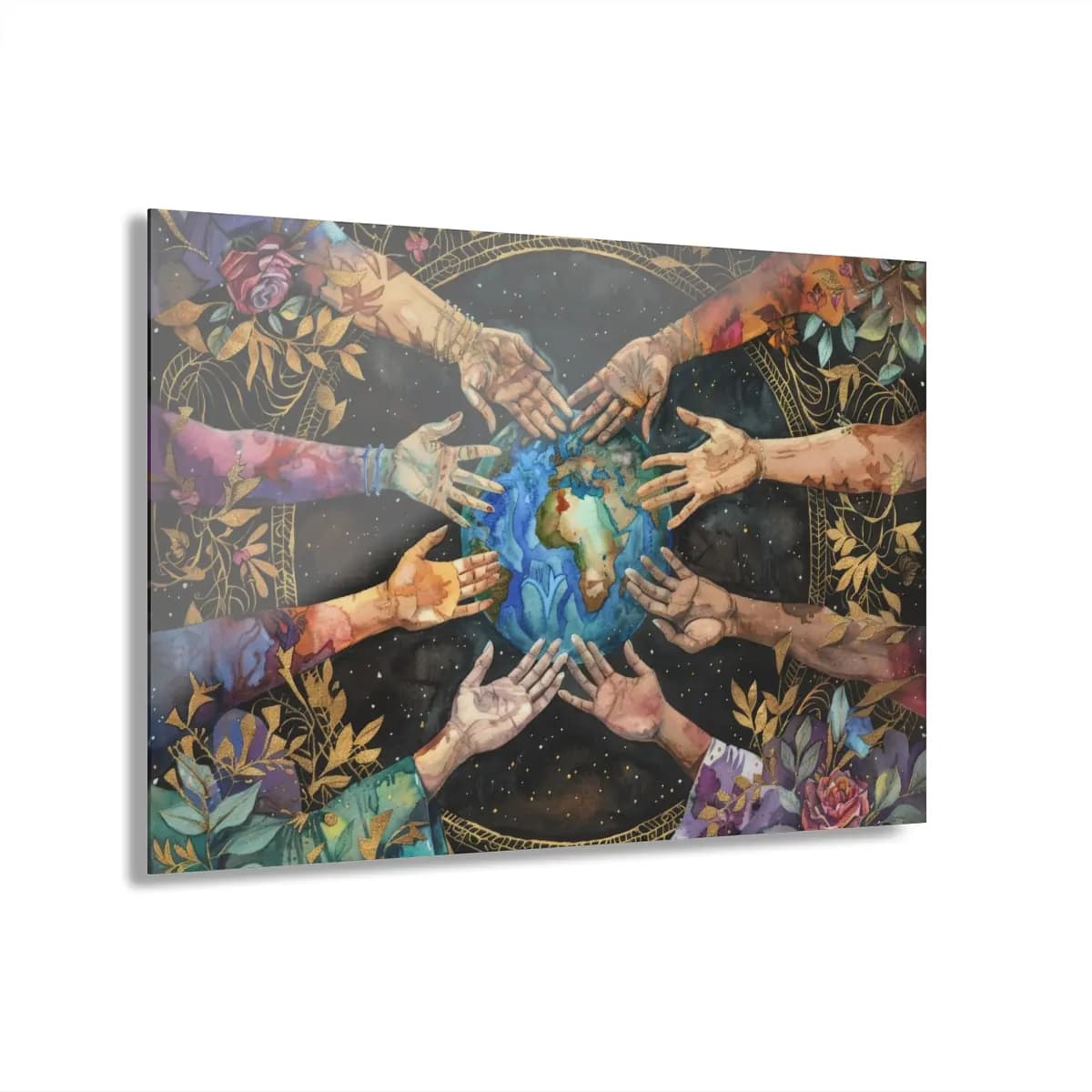 Hands of the World Embrace the Earth - Acrylic Prints (French Cleat Hanging) mockup angle 1
