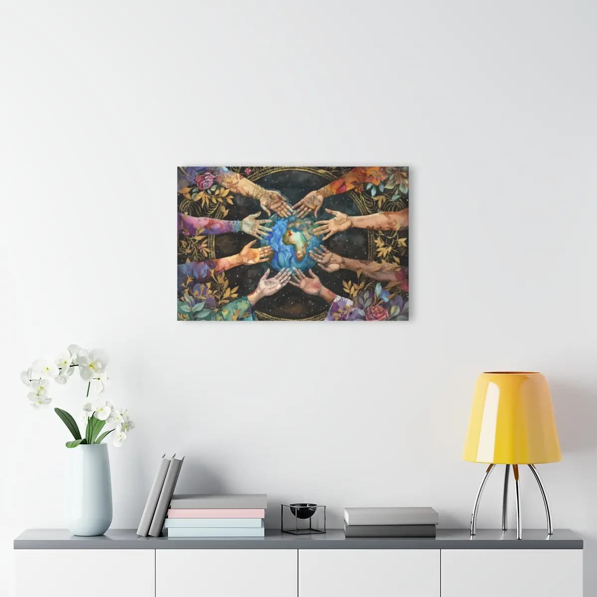 Hands of the World Embrace the Earth - Acrylic Prints (French Cleat Hanging) mockup angle 4